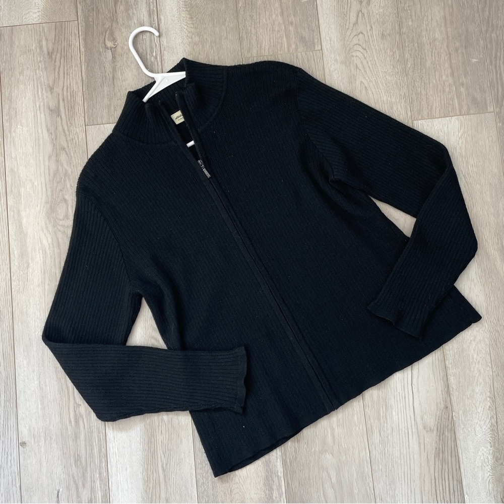 Eddie Bauer Sweater wool collared full zip womens Black (large) classic preppy